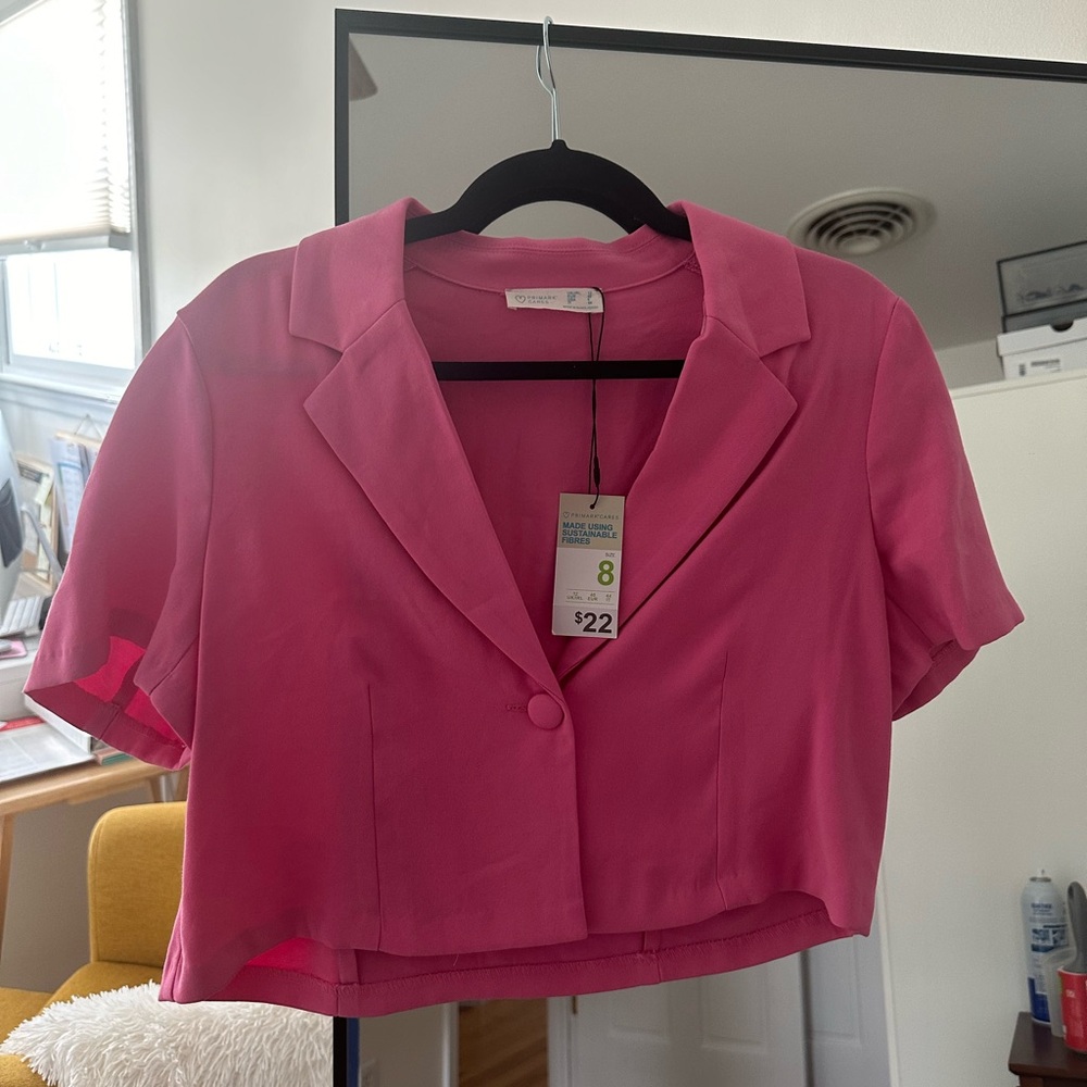 Primark Pink Short Sleeve Cropped Button Top - Size: 8 - NEW WITH TAGS